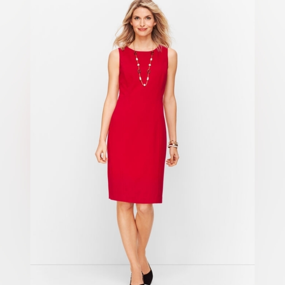 Talbots Red Ponte Rayon Sheath Dress w Sleeves Sz 4P Knee Length EUC